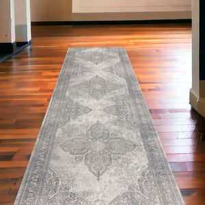 HomeRoots 2' Gray Distressed Medallion Runner Rug - Timeless Elegance for Hallways with Luxurious Comfort & Style 2' x 13' 390075