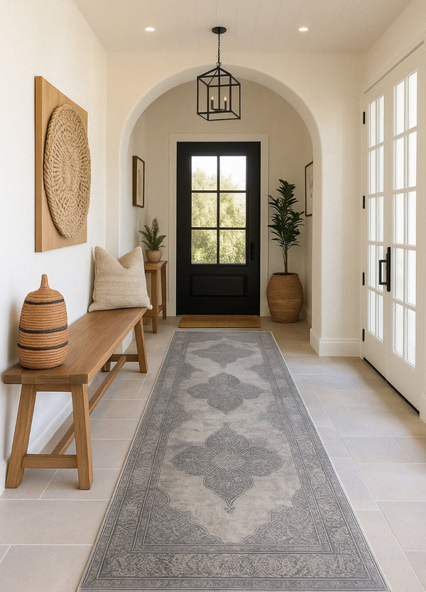 HomeRoots 2' Gray Distressed Medallion Runner Rug - Timeless Elegance for Hallways with Luxurious Comfort & Style 2' x 13' 390075