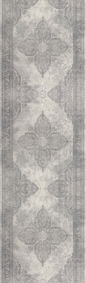 HomeRoots 2' Gray Distressed Medallion Runner Rug - Timeless Elegance for Hallways with Luxurious Comfort & Style 2' x 20' 390078