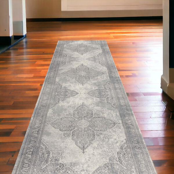 HomeRoots 2' Gray Distressed Medallion Runner Rug - Timeless Elegance for Hallways with Luxurious Comfort & Style 2' x 20' 390078
