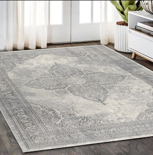 HomeRoots 2' Gray Distressed Medallion Runner Rug - Timeless Elegance for Hallways with Luxurious Comfort & Style 5' x 8' 390086