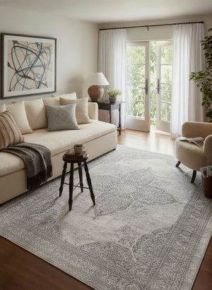 HomeRoots 2' Gray Distressed Medallion Runner Rug - Timeless Elegance for Hallways with Luxurious Comfort & Style 5' x 8' 390086