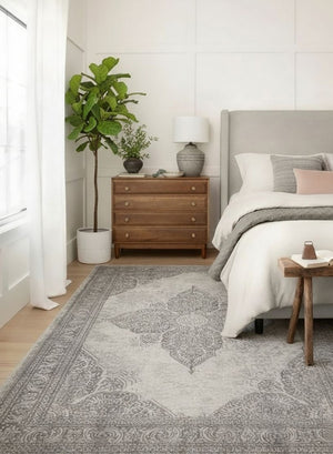 HomeRoots 2' Gray Distressed Medallion Runner Rug - Timeless Elegance for Hallways with Luxurious Comfort & Style 5' x 8' 390086