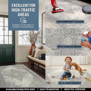 HomeRoots 2' Gray Distressed Medallion Runner Rug - Timeless Elegance for Hallways with Luxurious Comfort & Style 5' x 8' 390086
