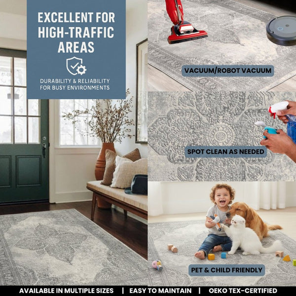 HomeRoots 2' Gray Distressed Medallion Runner Rug - Timeless Elegance for Hallways with Luxurious Comfort & Style 5' x 8' 390086