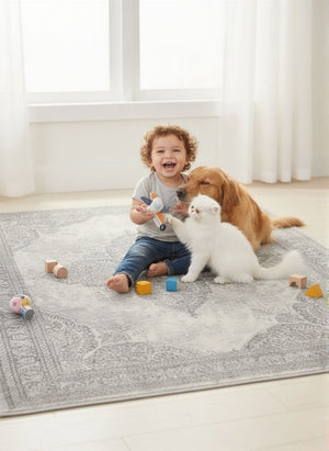 HomeRoots 2' Gray Distressed Medallion Runner Rug - Timeless Elegance for Hallways with Luxurious Comfort & Style 5' x 8' 390086