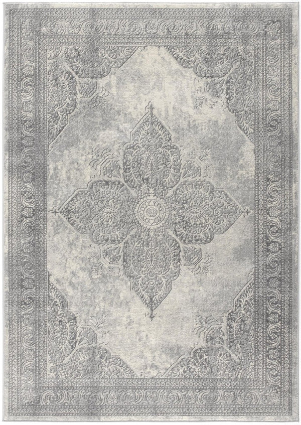 HomeRoots 2' Gray Distressed Medallion Runner Rug - Timeless Elegance for Hallways with Luxurious Comfort & Style 5' x 8' 390086