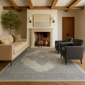 HomeRoots 2' Gray Distressed Medallion Runner Rug - Timeless Elegance for Hallways with Luxurious Comfort & Style 5' x 8' 390086