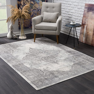 HomeRoots 2' Gray Distressed Medallion Runner Rug - Timeless Elegance for Hallways with Luxurious Comfort & Style 8' x 11' 390087