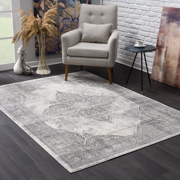 HomeRoots 2' Gray Distressed Medallion Runner Rug - Timeless Elegance for Hallways with Luxurious Comfort & Style 8' x 11' 390087