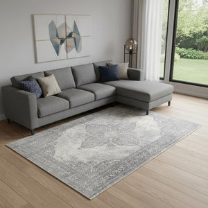 HomeRoots 2' Gray Distressed Medallion Runner Rug - Timeless Elegance for Hallways with Luxurious Comfort & Style 8' x 11' 390087