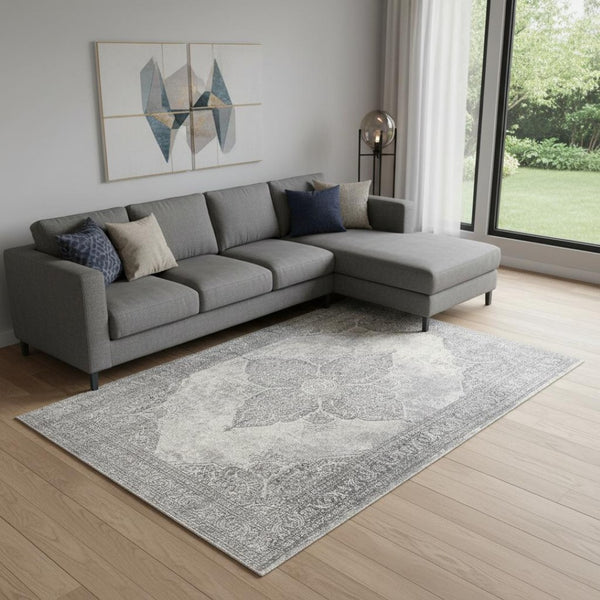 HomeRoots 2' Gray Distressed Medallion Runner Rug - Timeless Elegance for Hallways with Luxurious Comfort & Style 8' x 11' 390087