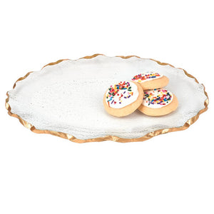 Homeroots 14" Clear Bubble Glass Scalloped Gold Rim Oval Platter   390090