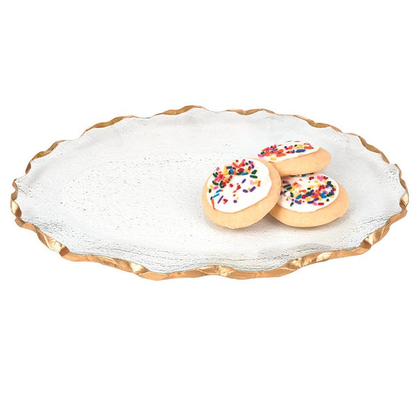 Homeroots 14" Clear Bubble Glass Scalloped Gold Rim Oval Platter   390090