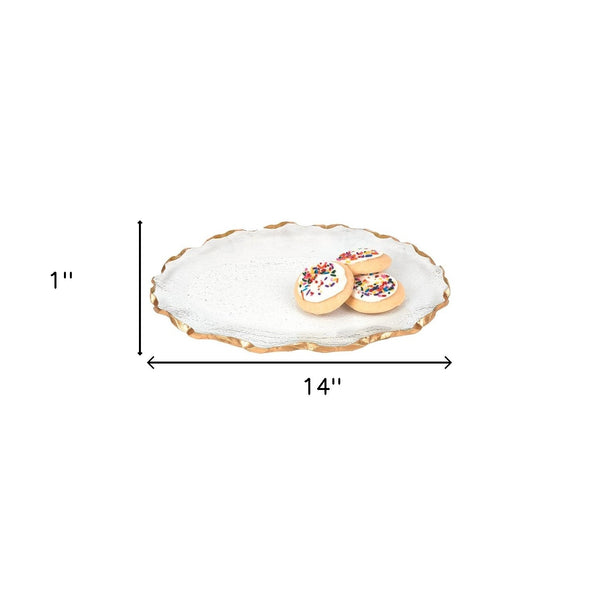 Homeroots 14" Clear Bubble Glass Scalloped Gold Rim Oval Platter   390090
