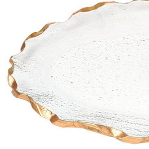 Homeroots 14" Clear Bubble Glass Scalloped Gold Rim Oval Platter   390090