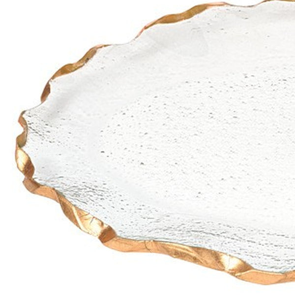 Homeroots 14" Clear Bubble Glass Scalloped Gold Rim Oval Platter   390090