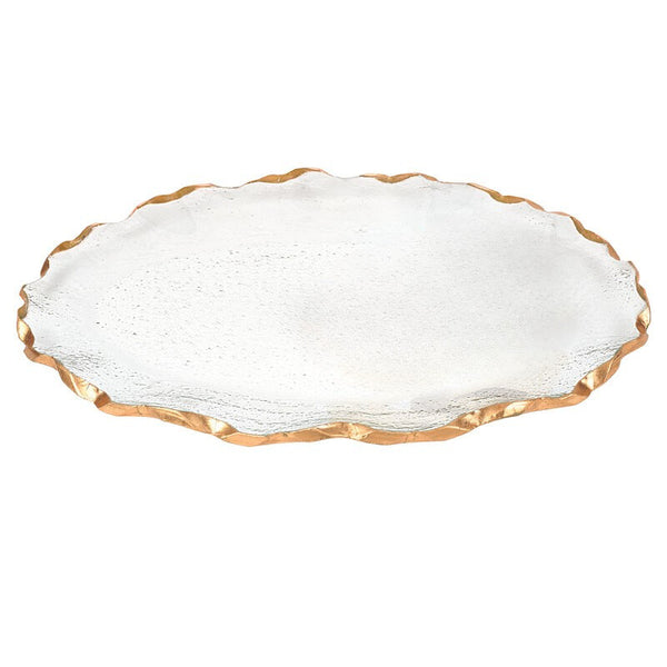 Homeroots 14" Clear Bubble Glass Scalloped Gold Rim Oval Platter   390090