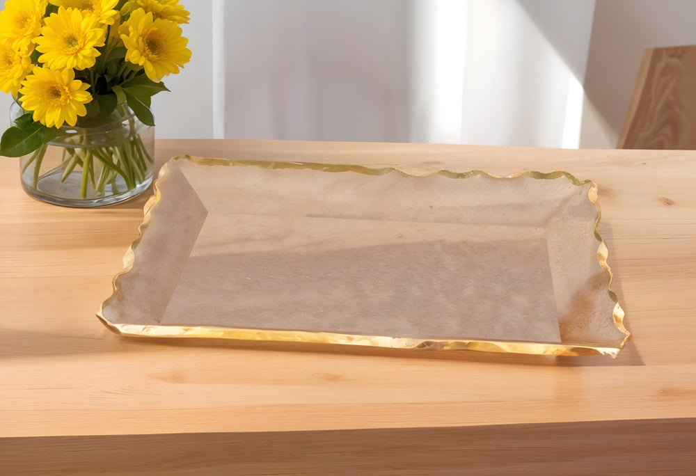Homeroots 14" Clear And Gold Bubble Glass Scalloped Rim Rectangular Tray   390098