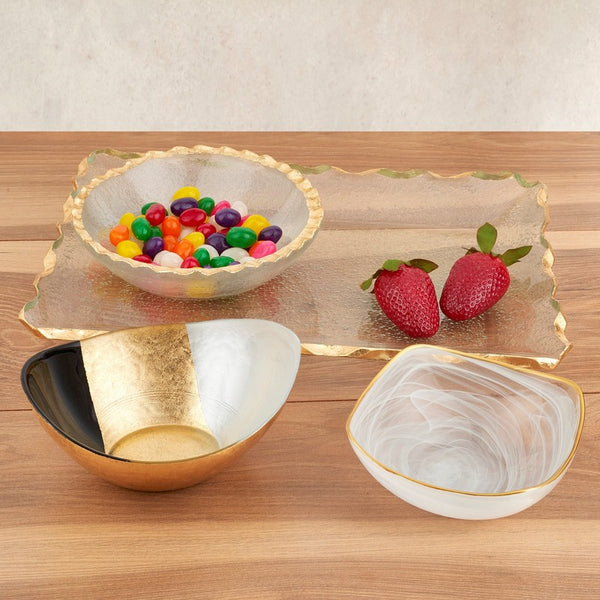 Homeroots 14" Clear And Gold Bubble Glass Scalloped Rim Rectangular Tray   390098