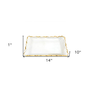 Homeroots 14" Clear And Gold Bubble Glass Scalloped Rim Rectangular Tray   390098