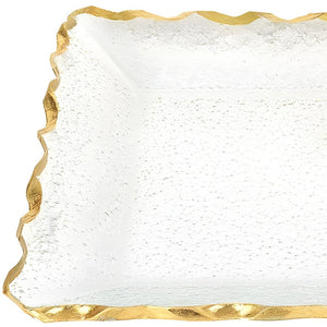 Homeroots 14" Clear And Gold Bubble Glass Scalloped Rim Rectangular Tray   390098