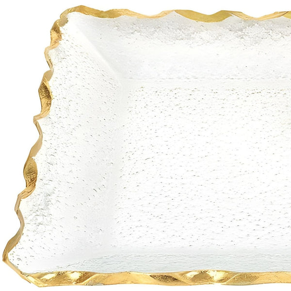 Homeroots 14" Clear And Gold Bubble Glass Scalloped Rim Rectangular Tray   390098