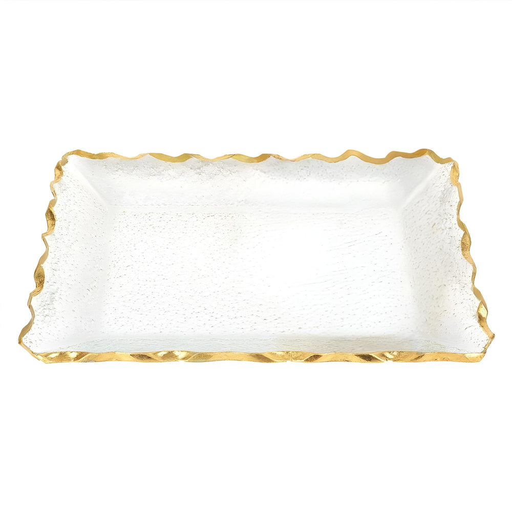 Homeroots 14" Clear And Gold Bubble Glass Scalloped Rim Rectangular Tray   390098