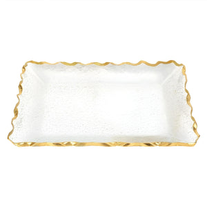 Homeroots 14" Clear And Gold Bubble Glass Scalloped Rim Rectangular Tray   390098