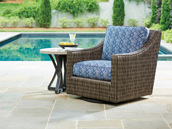 Lexington Tommy Bahama Outdoor 3900-11sg-40 Swivel Glider Lounge Chair – All-weather Wicker, Aged Iron Finish, Stylish Outdoor Comfort Driftwood Wood 3900-11sg-40