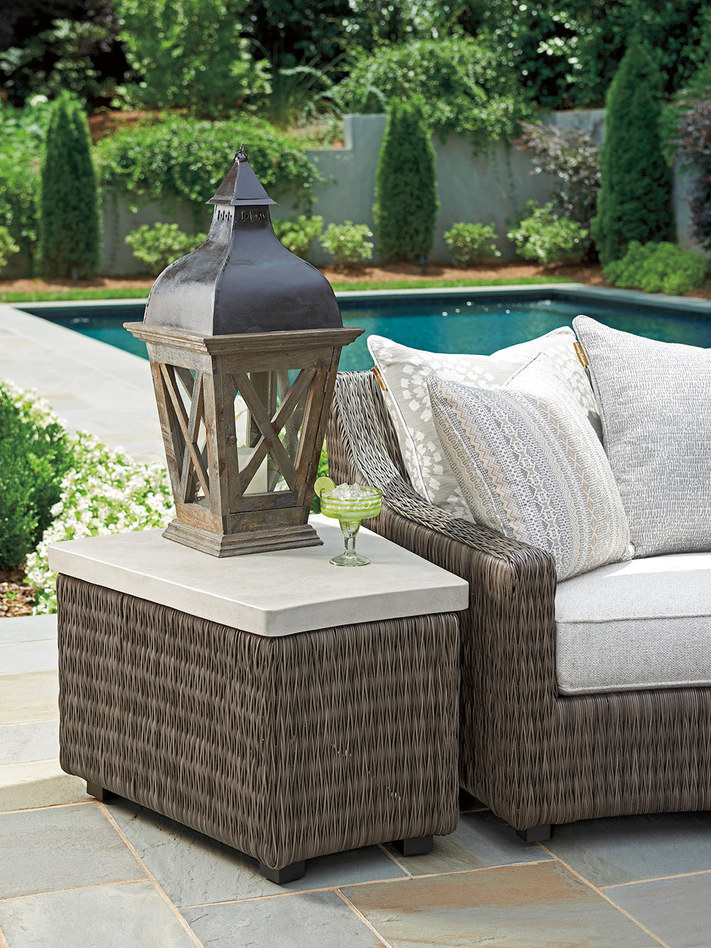 Lexington Tommy Bahama Outdoor 3900-950 Accent Table - Stylish All-weather Wicker With Weatherstone Top For Elegant Outdoor Spaces Driftwood Wood 3900-950
