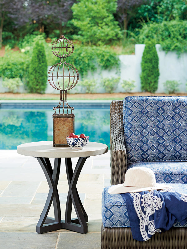Lexington Tommy Bahama Outdoor 3900-951 Cypress Point Ocean Terrace Side Table With Weatherstone Top & Woven Wicker Design Driftwood Wood 3900-951