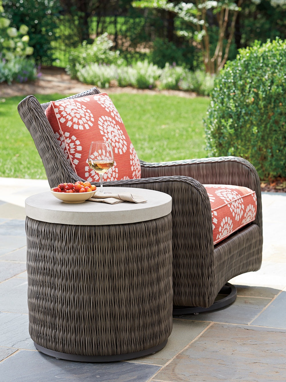 Lexington Tommy Bahama Outdoor 3900-953 Elegant Round End Table With All-weather Wicker, Aged Iron Finish & Contemporary Weatherstone Top Driftwood Wood 3900-953