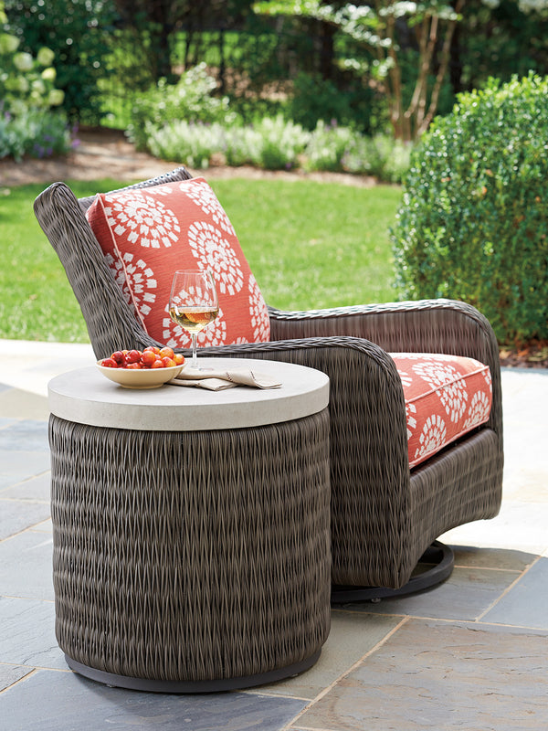 Lexington Tommy Bahama Outdoor 3900-953 Elegant Round End Table With All-weather Wicker, Aged Iron Finish & Contemporary Weatherstone Top Driftwood Wood 3900-953