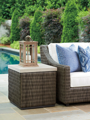 Lexington Tommy Bahama Outdoor 3900-957 Stylish Square End Table With Driftwood Gray Wicker And Elegant Weatherstone Top Design Driftwood Wood 3900-957