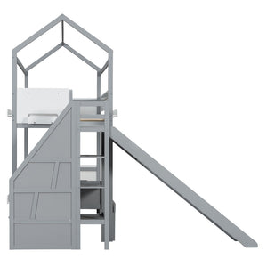 English Elm House-shaped Pine Bunk Bed with Built-in Slide Storage Staircase Twin Over Full Kids Frame Grey+White N820S00082E