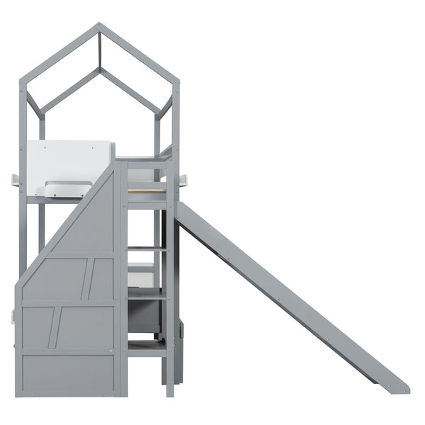 English Elm House-shaped Pine Bunk Bed with Built-in Slide Storage Staircase Twin Over Full Kids Frame Grey+White N820S00082E