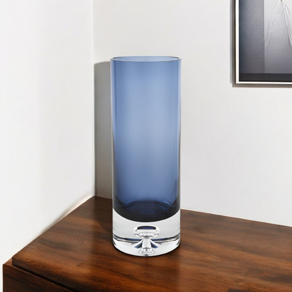 HomeRoots 11" Handcrafted Blue and Clear Crystal Glass Table Vase – Elegant Centerpiece for Any Occasion 390106