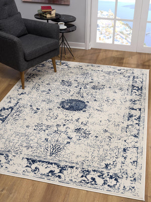 Homeroots 5' X 8' Navy Blue Distressed Floral Area Rug  Polypropylene 390146