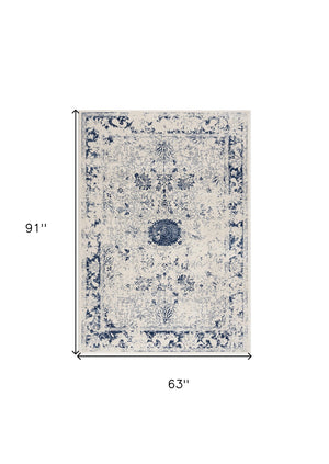 Homeroots 5' X 8' Navy Blue Distressed Floral Area Rug  Polypropylene 390146