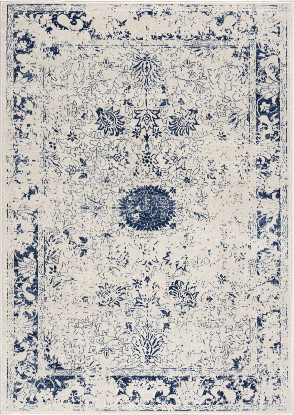 HomeRoots 5' Navy Blue Distressed Floral Area Rug - Timeless Vintage Charm for Elegant Home Décor & Durability 5' x 8' 390146