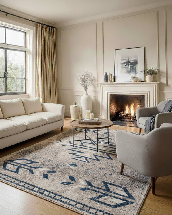 HomeRoots 5' Southwestern Washable Area Rug in Gray Beige and Blue - Timeless Style for Any Space 5' x 8' 390165