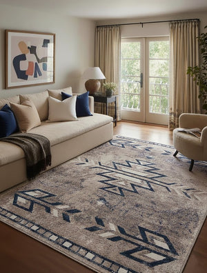 HomeRoots 5' Southwestern Washable Area Rug in Gray Beige and Blue - Timeless Style for Any Space 5' x 8' 390165