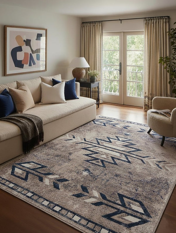 HomeRoots 5' Southwestern Washable Area Rug in Gray Beige and Blue - Timeless Style for Any Space 5' x 8' 390165