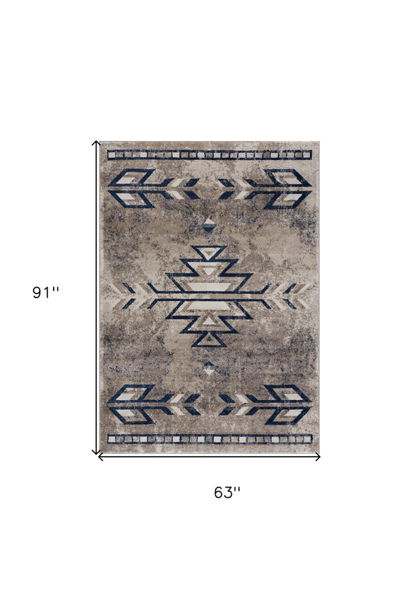 Homeroots 5' X 8' Gray Beige And Blue Southwestern Washable Area Rug  Polypropylene 390165
