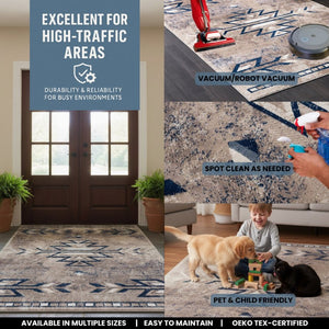 HomeRoots 5' Southwestern Washable Area Rug in Gray Beige and Blue - Timeless Style for Any Space 5' x 8' 390165