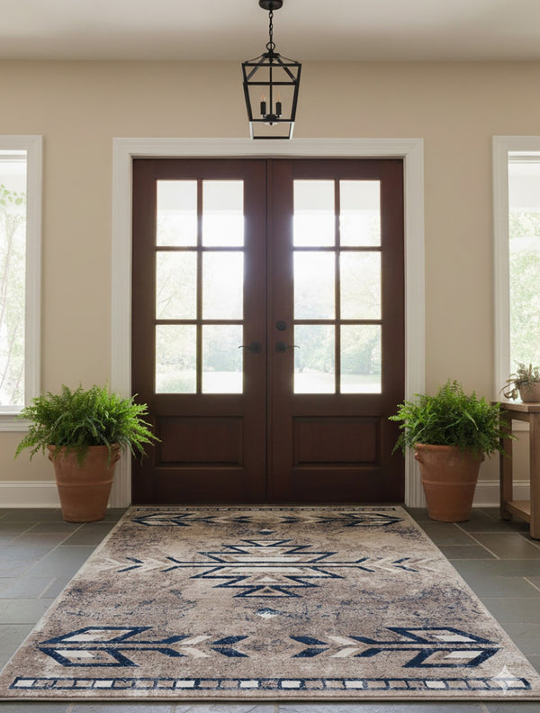HomeRoots 5' Southwestern Washable Area Rug in Gray Beige and Blue - Timeless Style for Any Space 5' x 8' 390165