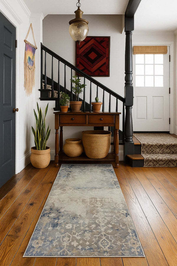 HomeRoots 2' Navy and Beige Distressed Vines Runner Rug - Timeless Floral Design for Hallways and Entryways 2' x 13' 390169