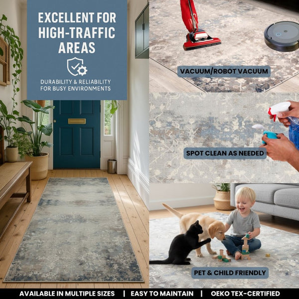 HomeRoots 2' Navy and Beige Distressed Vines Runner Rug - Timeless Floral Design for Hallways and Entryways 2' x 13' 390169