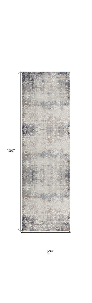 HomeRoots 2' Navy and Beige Distressed Vines Runner Rug - Timeless Floral Design for Hallways and Entryways 2' x 13' 390169